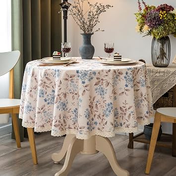 GLORY SEASON Rustic Tablecloth Classic Plant Printed Cotton-Blend Fabric Table Cover Farmhouse Decoration 60 Inches Round Blue for Kitchen Dining