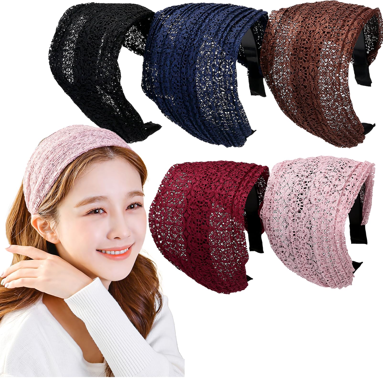 LONEEDY 5 Pack Wide Hard Headband with Teeth for Women, Girls’s Hair Band Pleated Cloth Fabric Hair Hoop Accessories (Mixed colors E)