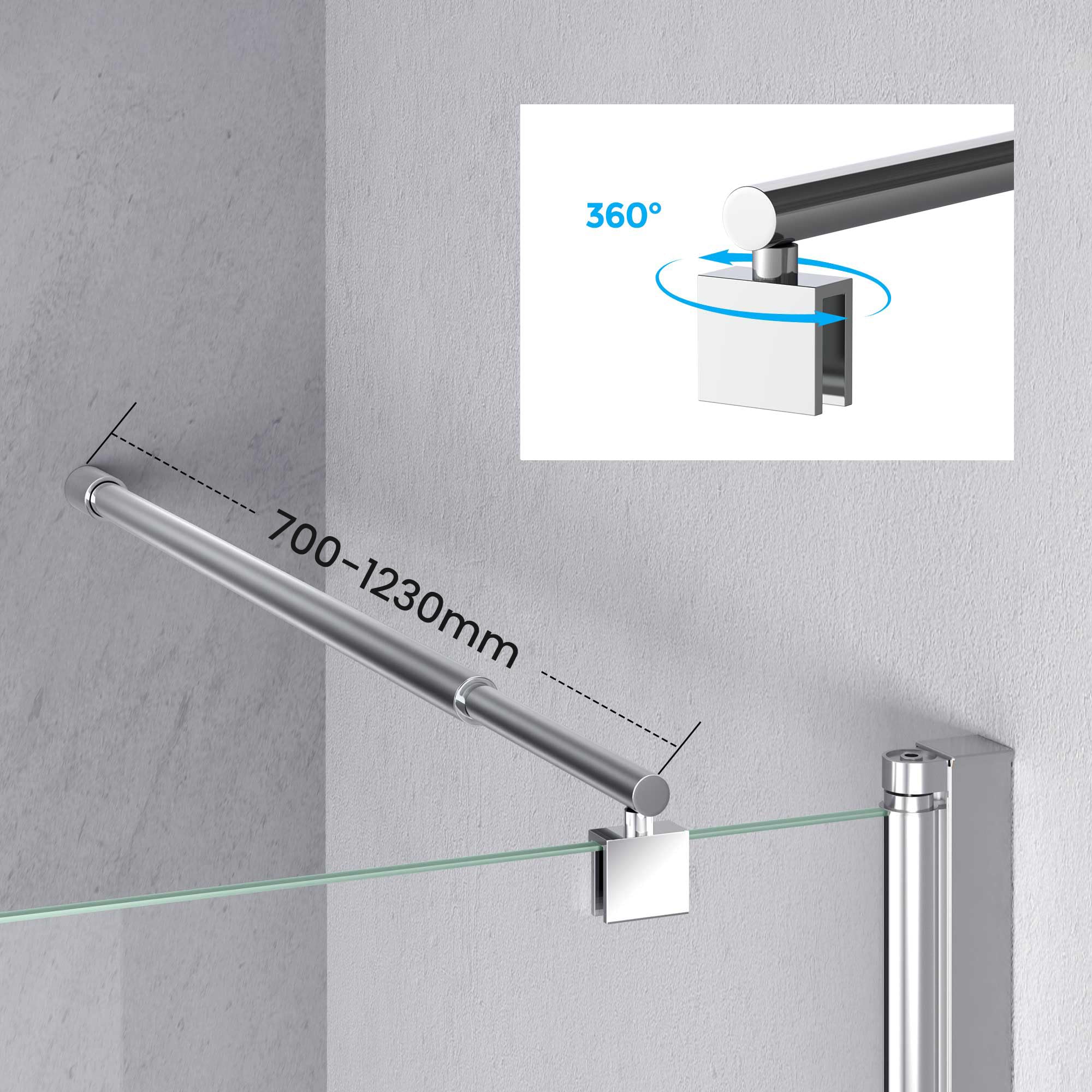 Heilmetz Barre de support de douche,rétractable 70-123 cm, barre de stabilisation ronde pour douches，pour verre de 8-10 mm d'épaisseur, acier inoxydable chromé(1 pièce)