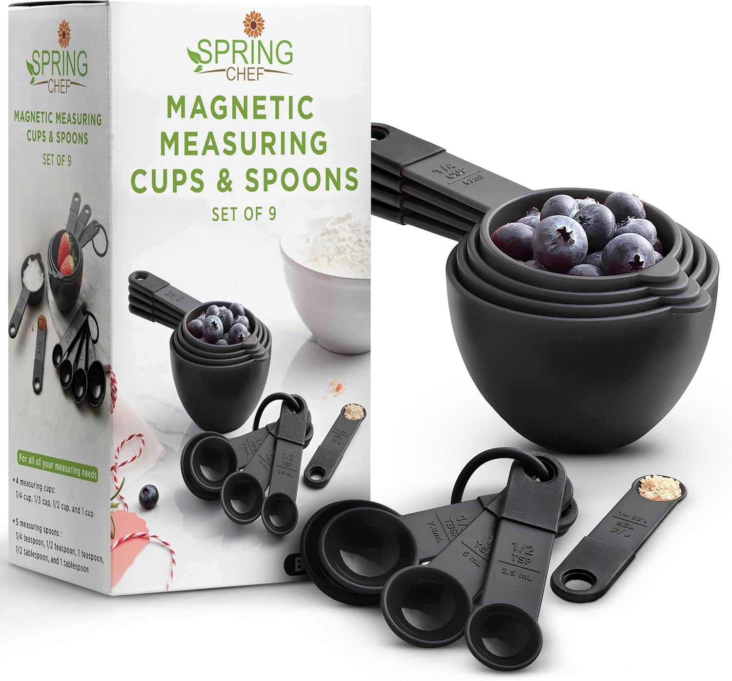 Spring Chef Magnetic Measuring Cups and Spoons Set of 9, Nesting Kitchen Tool with Easy to Read Markings for Measuring Dry or Liquid Ingredient, BPA Free, Black