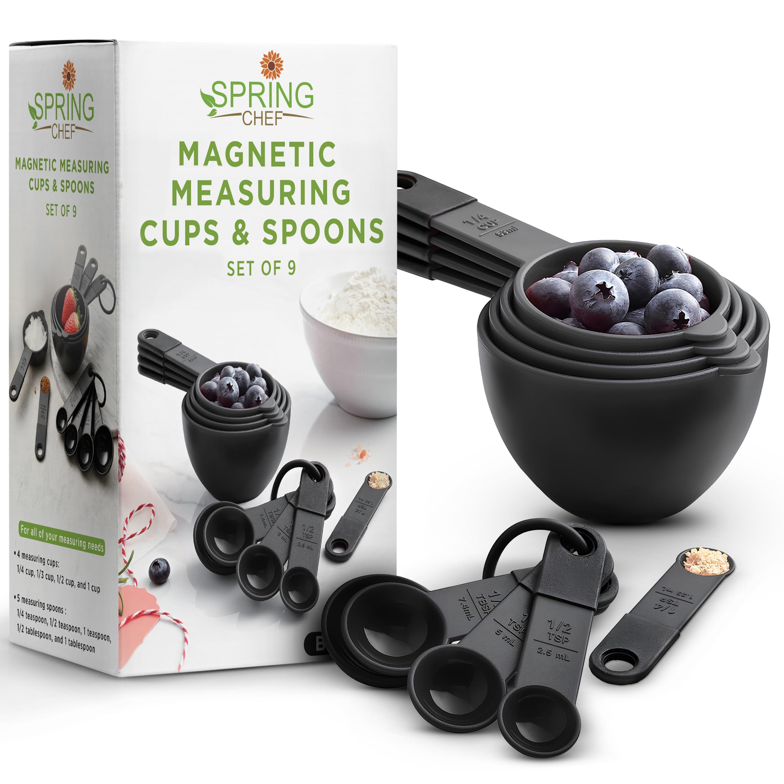 Juego de 9 tazas y cucharas medidoras magnéticas, herramienta de cocina anidable con marcas fáciles de leer para medir ingredientes secos o líquidos, sin BPA, color negro