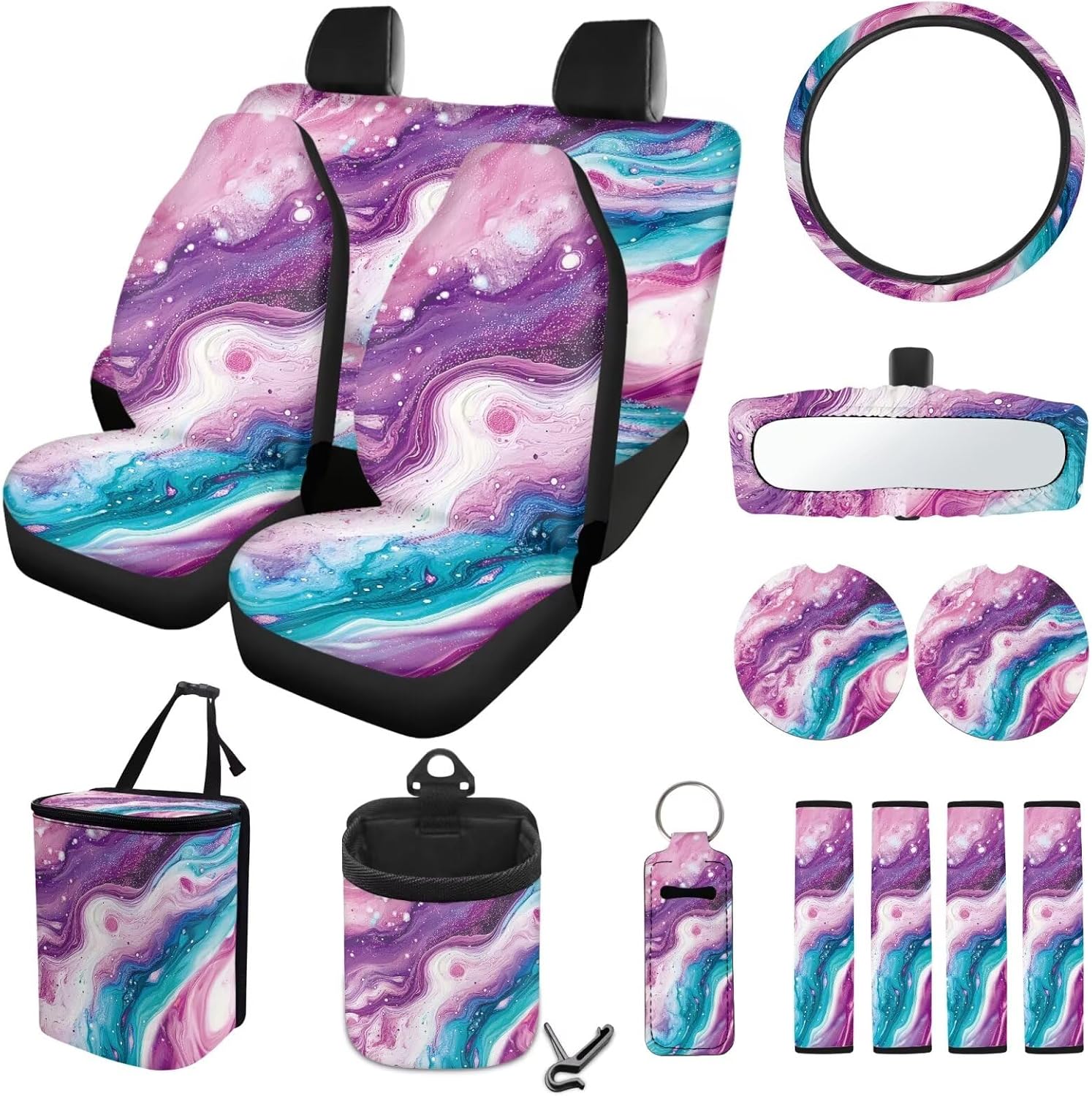 Deer Maple Leaf American Flag Pattern Auto Accessories Set of 15, Car Seat Cover Steering Wheel Cover Seat Belt Cover Air Vent Storage Bag Chapstick Holder Trash Bin and Mirror Cover