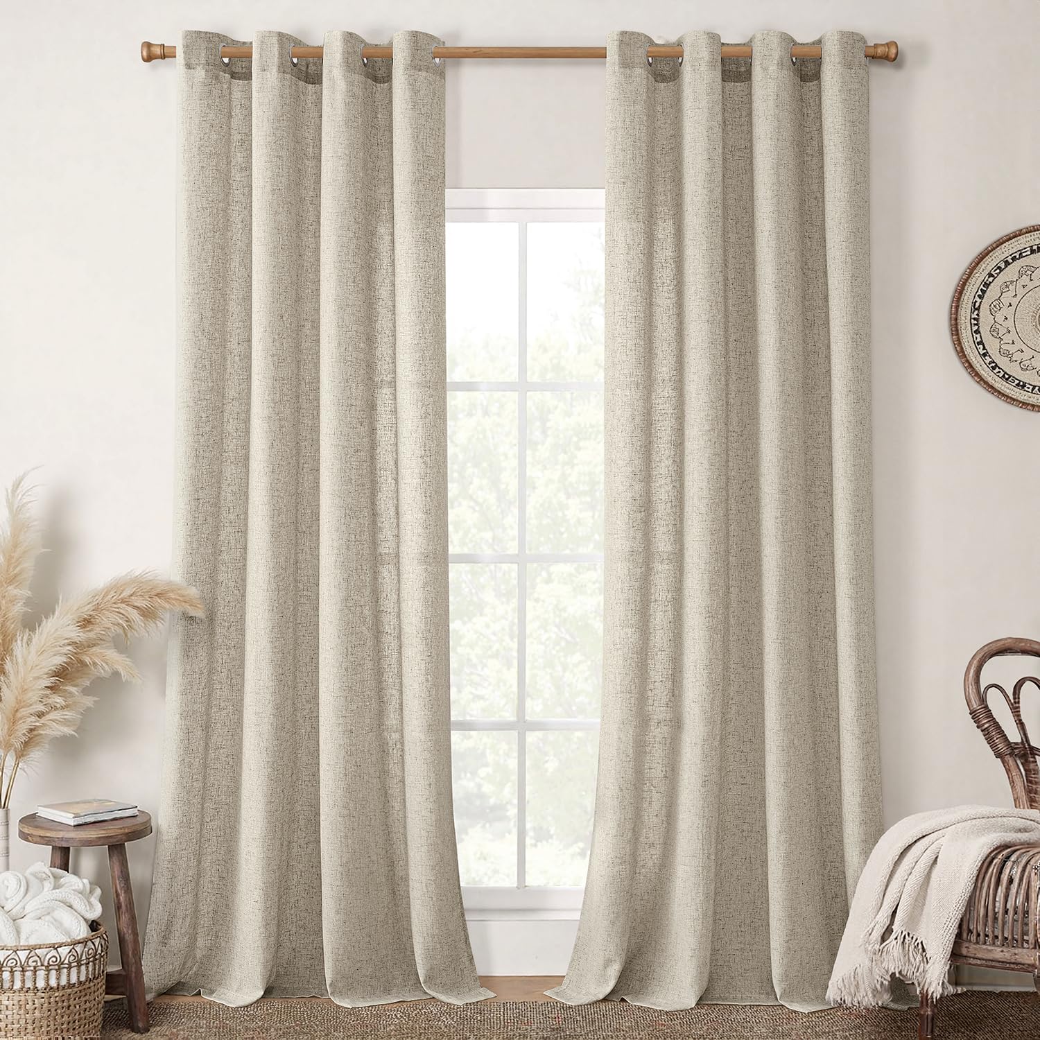 MIULEE Rideau Lin Beige Voilage Salon L 140 x H 260 cm Rideaux Voilage à Oeillets Rideaux et Draperies Intérieurs Modernes pour Chambre Fenêtre Salon Semi-Transparent 2 Panneaux