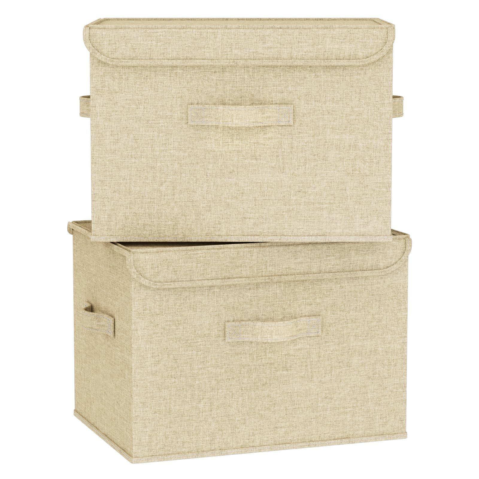 37.8L Stackable Storage Boxes with Lids Linen Wardrobe Organiser Beige 2Pcs