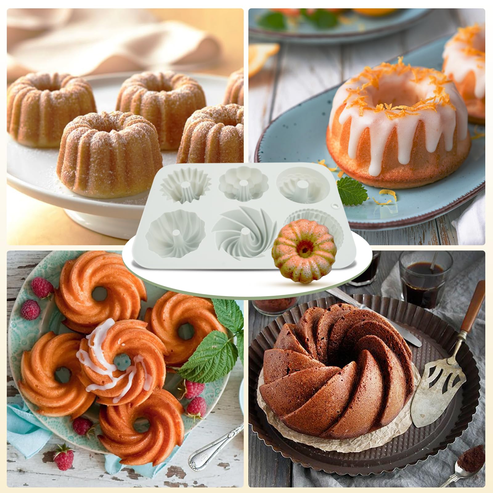 Silicone Molds HUAKENER 2-Pack Mini Bundt Cake Pans 6-Cavity Non