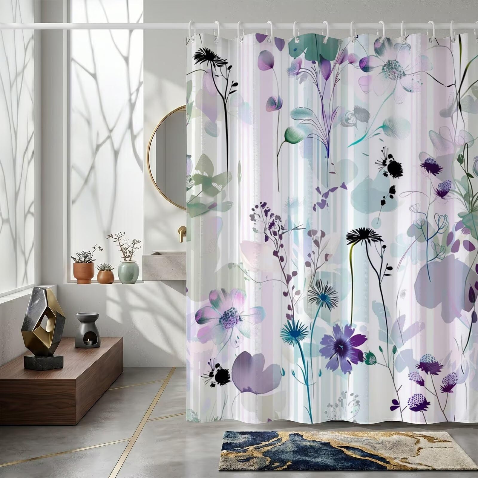 Rideau douche 130x170cm en tissu polyester avec accessoires anneaux inclus