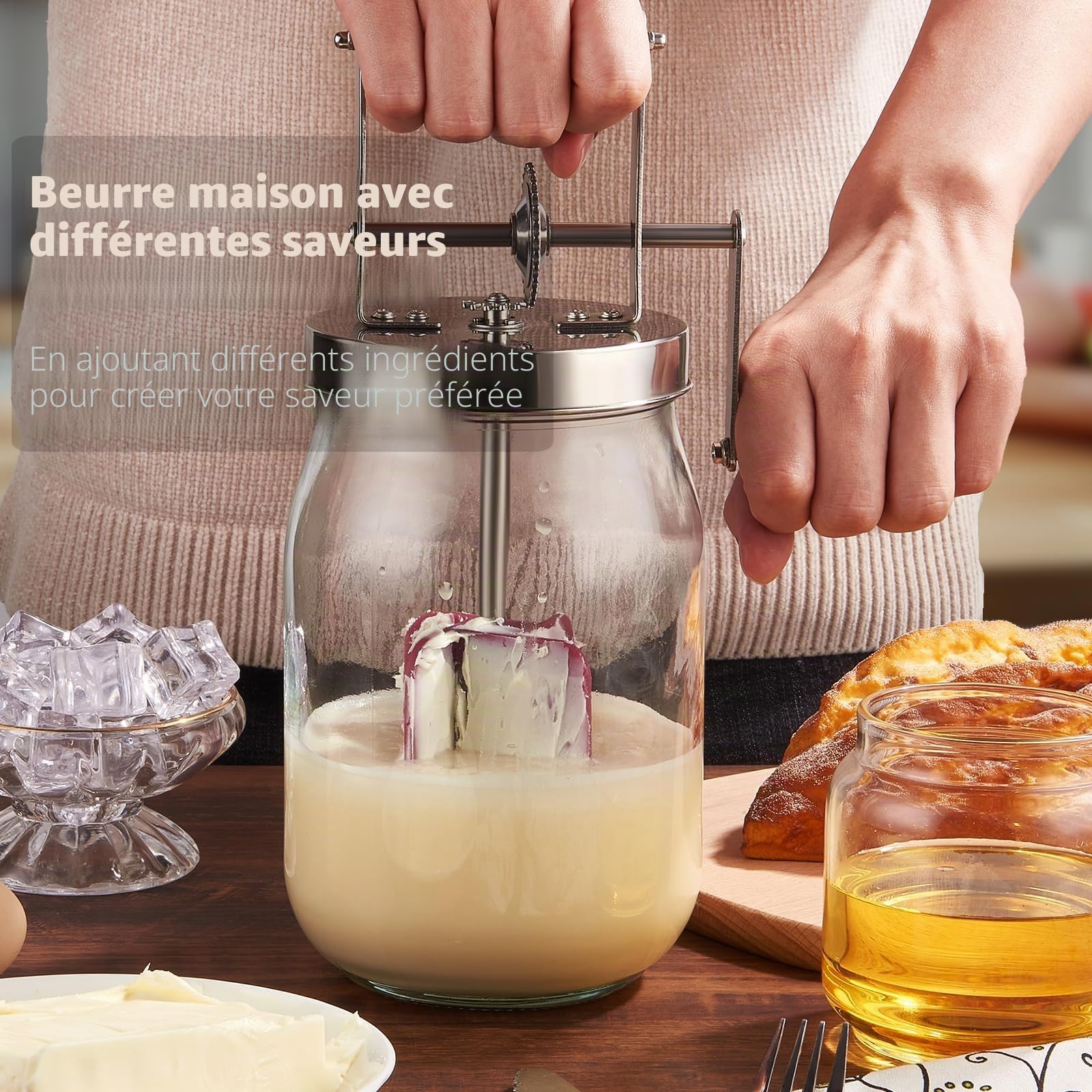 Tonneau à beurre en verre avec manivelle, 1,5 l, pour faire du beurre avec poignée en bois, engrenage en acier inoxydable, pour faire soi-même du beurre aux herbes, du beurre à l'ail (jeu de 1,5 l)