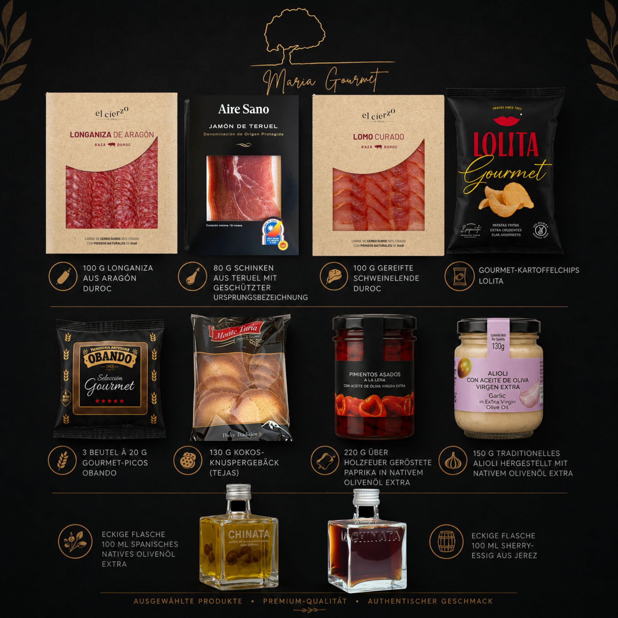 MARIA GOURMET Präsentkorb Tapas-Abend Feinkost Geschenkset Spanisch Spezialitäten Delikatessen Geschenkset Natives Olivenöl Extra Schinken Würstchen Box 2