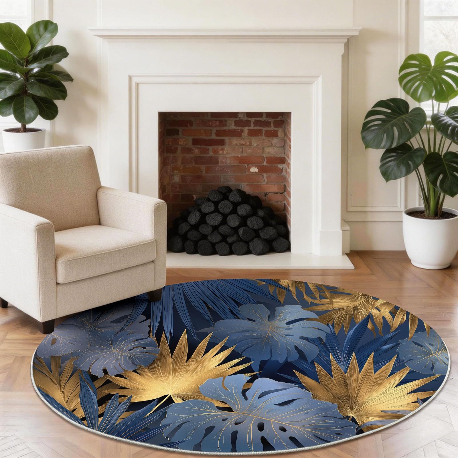Générique Tappeto rotondo 160 cm, foglie di palma tropicali moderne, antiscivolo, tappeto per soggiorno, rotondo, lavabile in lavatrice, floreale astratto morbido, per camera da letto genitoriale