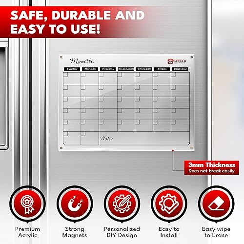 Miniatura 4 de STECCO Calendario magnético para nevera de borrado en seco. Calendario mensual acrílico de borrado en seco. Calendario magnético acrílico para