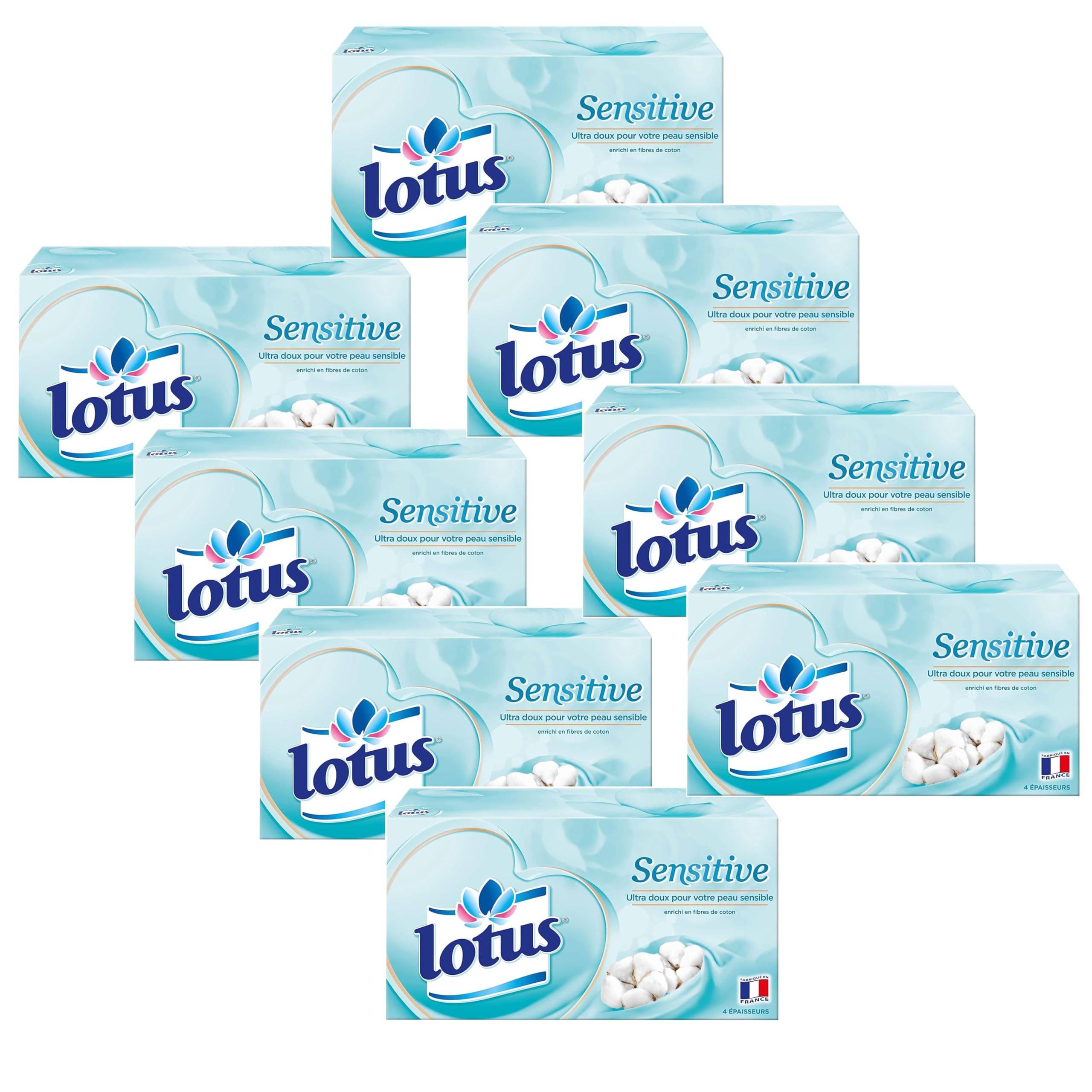 Lotus Sensitive – 640 Mouchoirs 4 épaisseurs pour un confort absolu – Blancs, doux et résistants – Fabriqués en France – Lot de 8 boîtes de 80