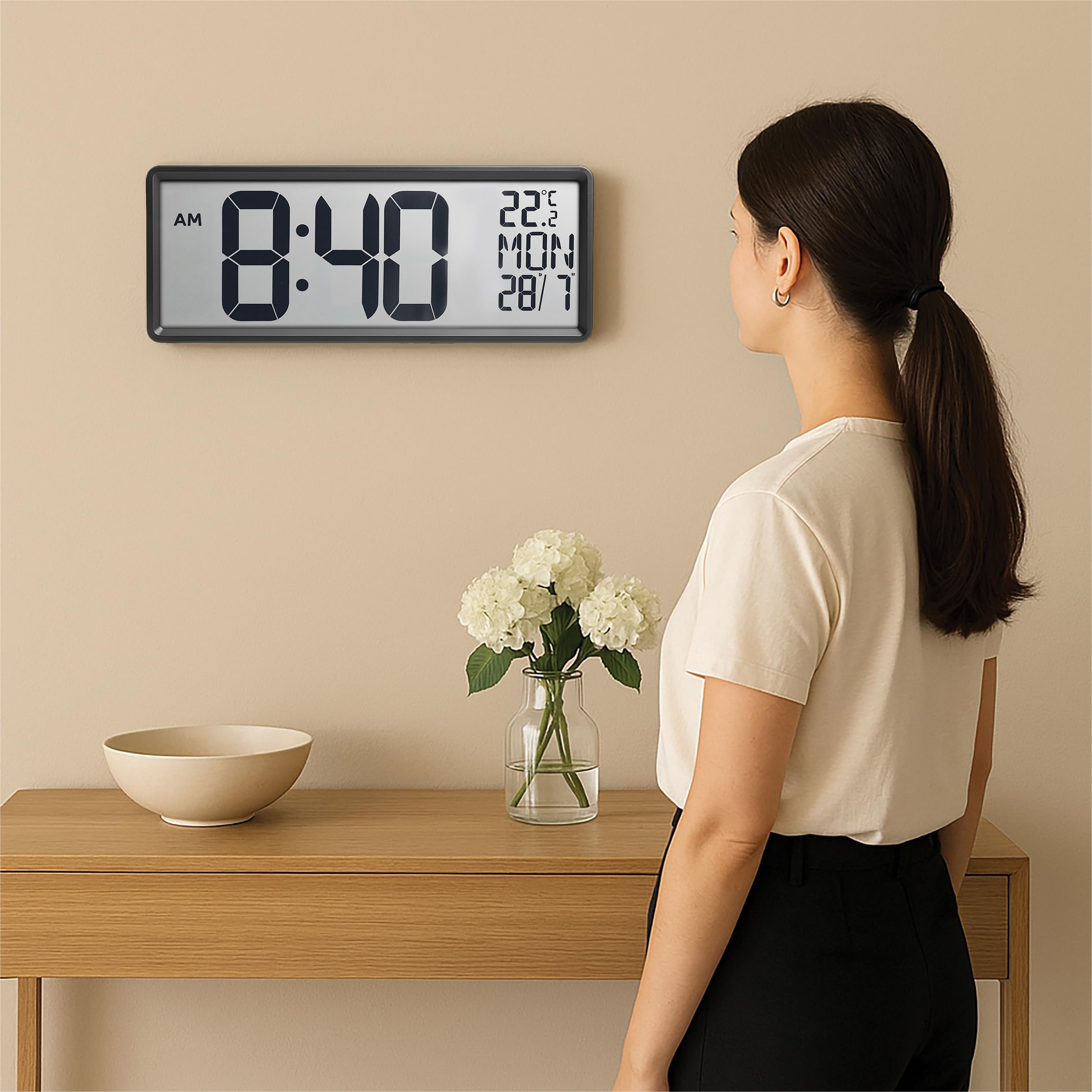 Bestfor Large Digit LCD Alarm Clock,Temperature, Day, Month, Wall Stand Mount, Silent Design for Seniors, Partial Sighted Black