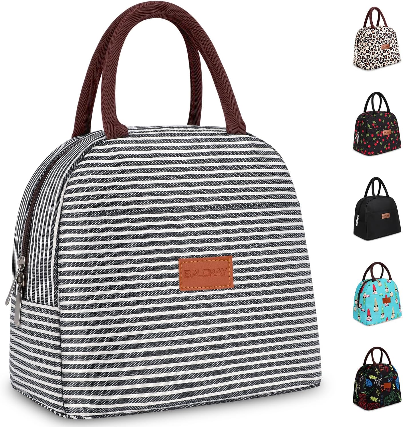 BALORAY Lunch Bag for Women Men Adult Lunch Box (Black White Stripes), M