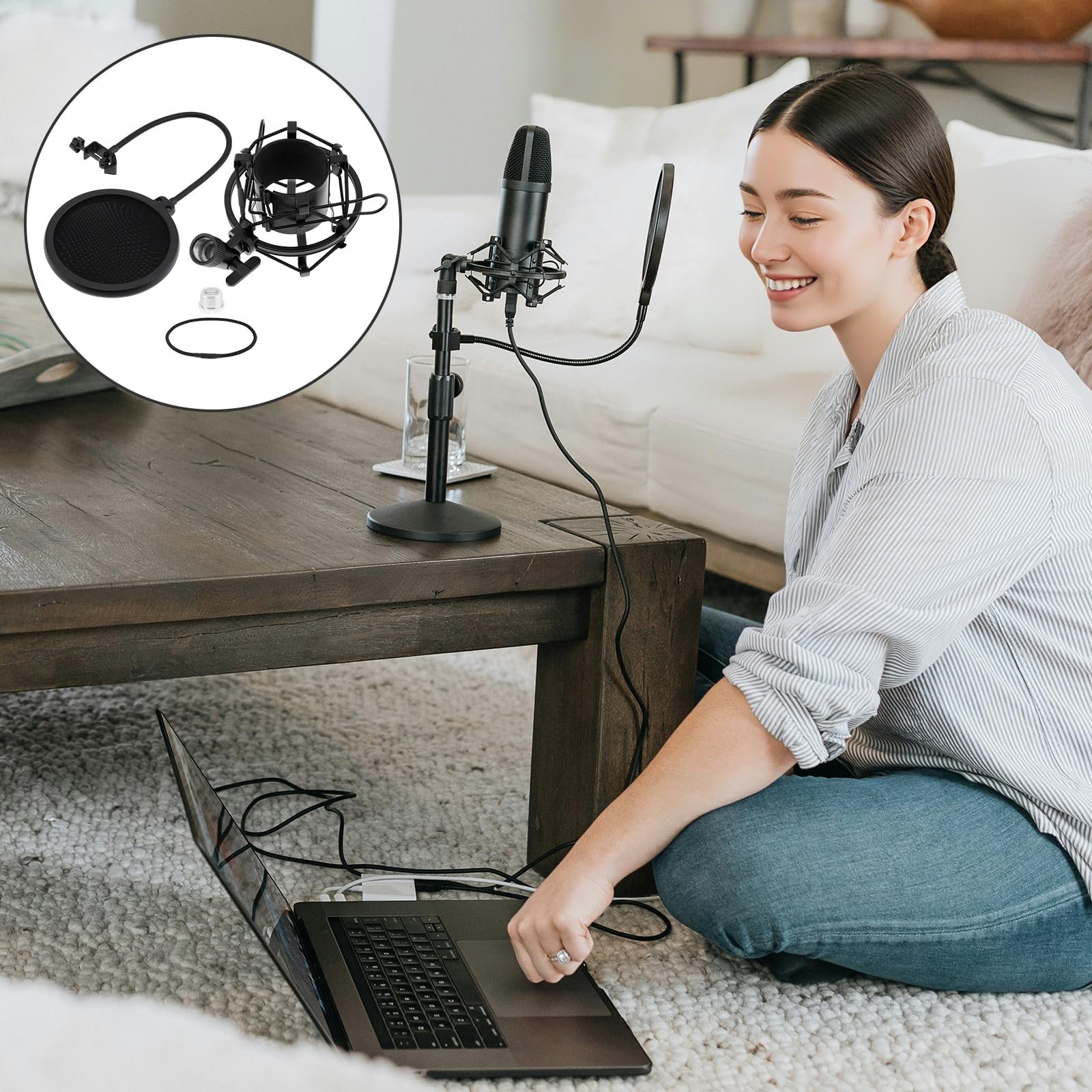 Soporte antivibración para micrófonos de condensador de 46 mm a 50 mm con filtro pop para grabación de música de estudio, pantalla Wind Pop flexible de 360 grados con cuello de cisne