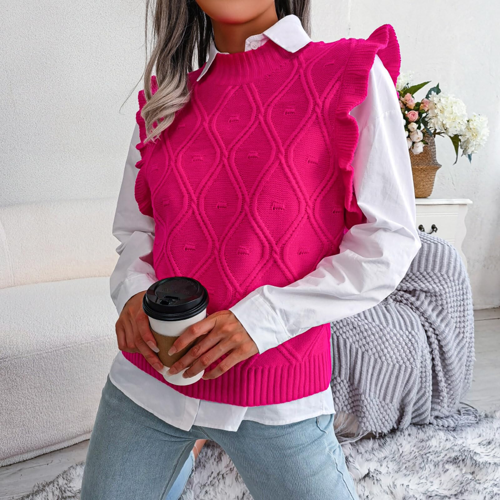 FEOYA Pulls Tricoté sans Manche Col V pour Femme Gilet en Tricot Chaud Classique Casual Mignon Décontracté Ample Vintage Débardeur Chandail Top Tricot Hiver Automne Printemps Noel S-XXL