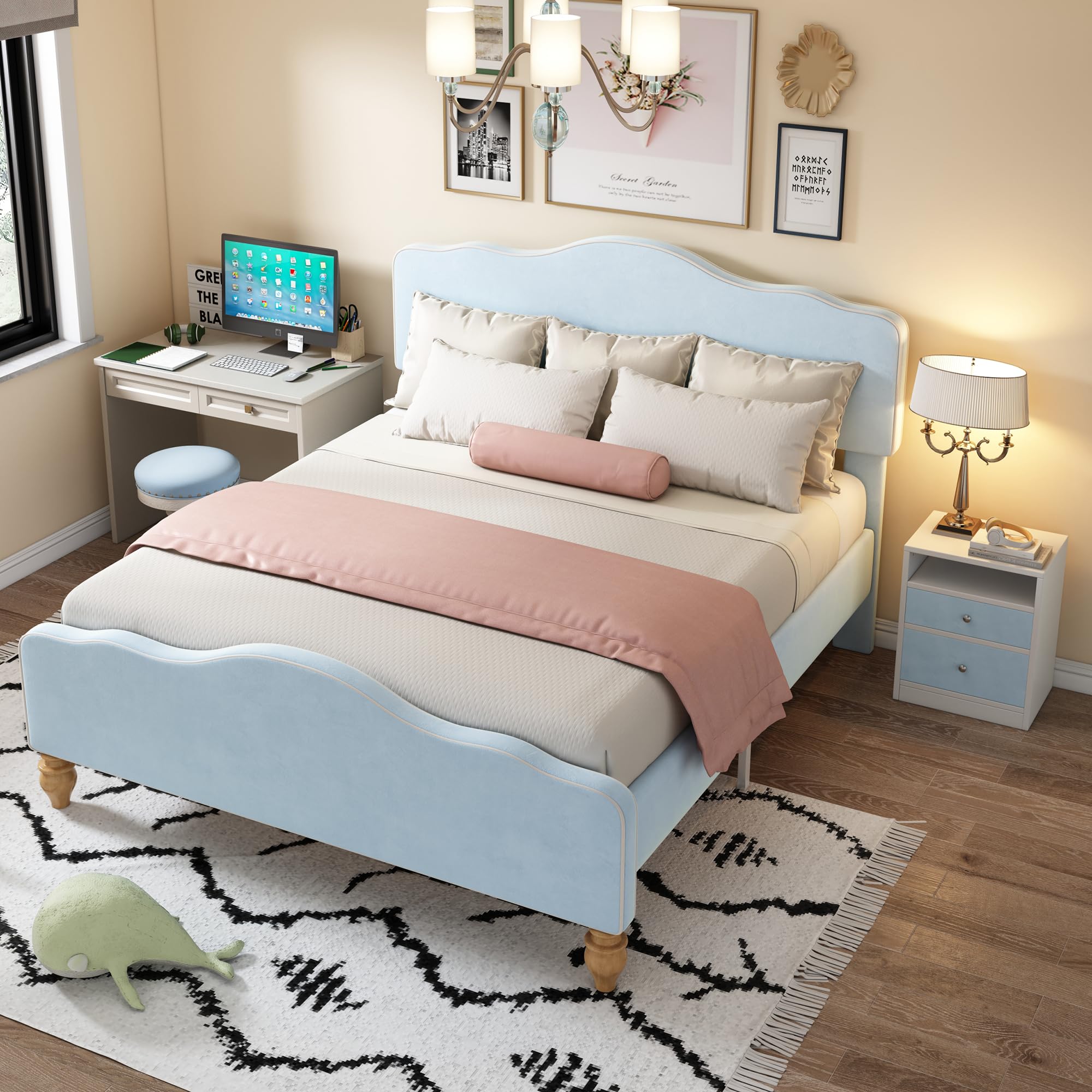 Kayan Juego de dormitorio, diseño moderno, cama tapizada + 2 mesitas de noche, mesita de noche con 2 cajones, juego de muebles de dormitorio, terciopelo, azul (140 x 200 cm)