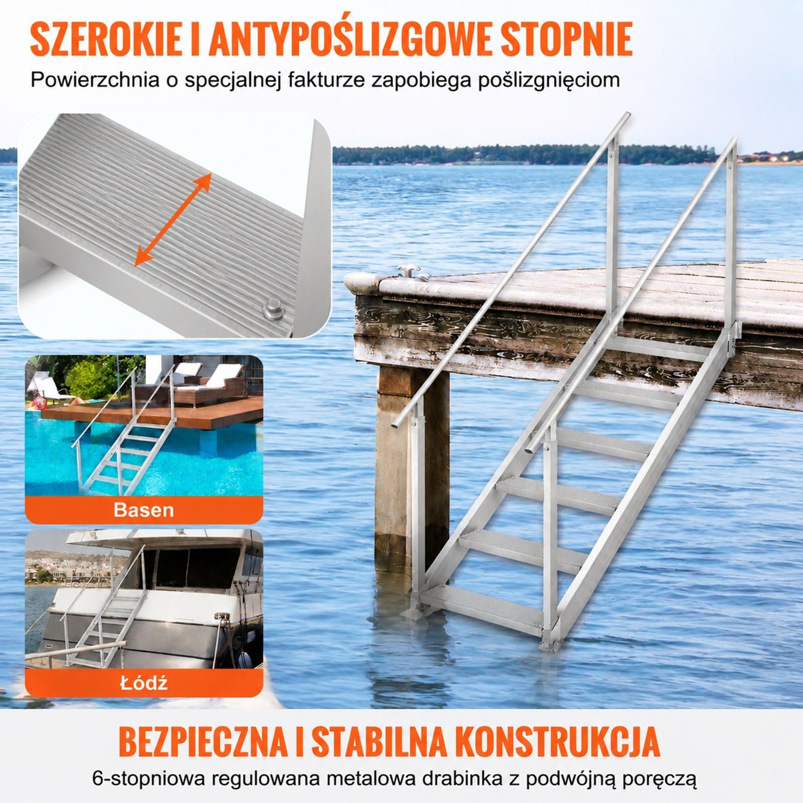 Aluminiowa drabinka dokowa, 6 stopni, dwie poręcze, nośność 250 kg, do łodzi, portów oraz basenów