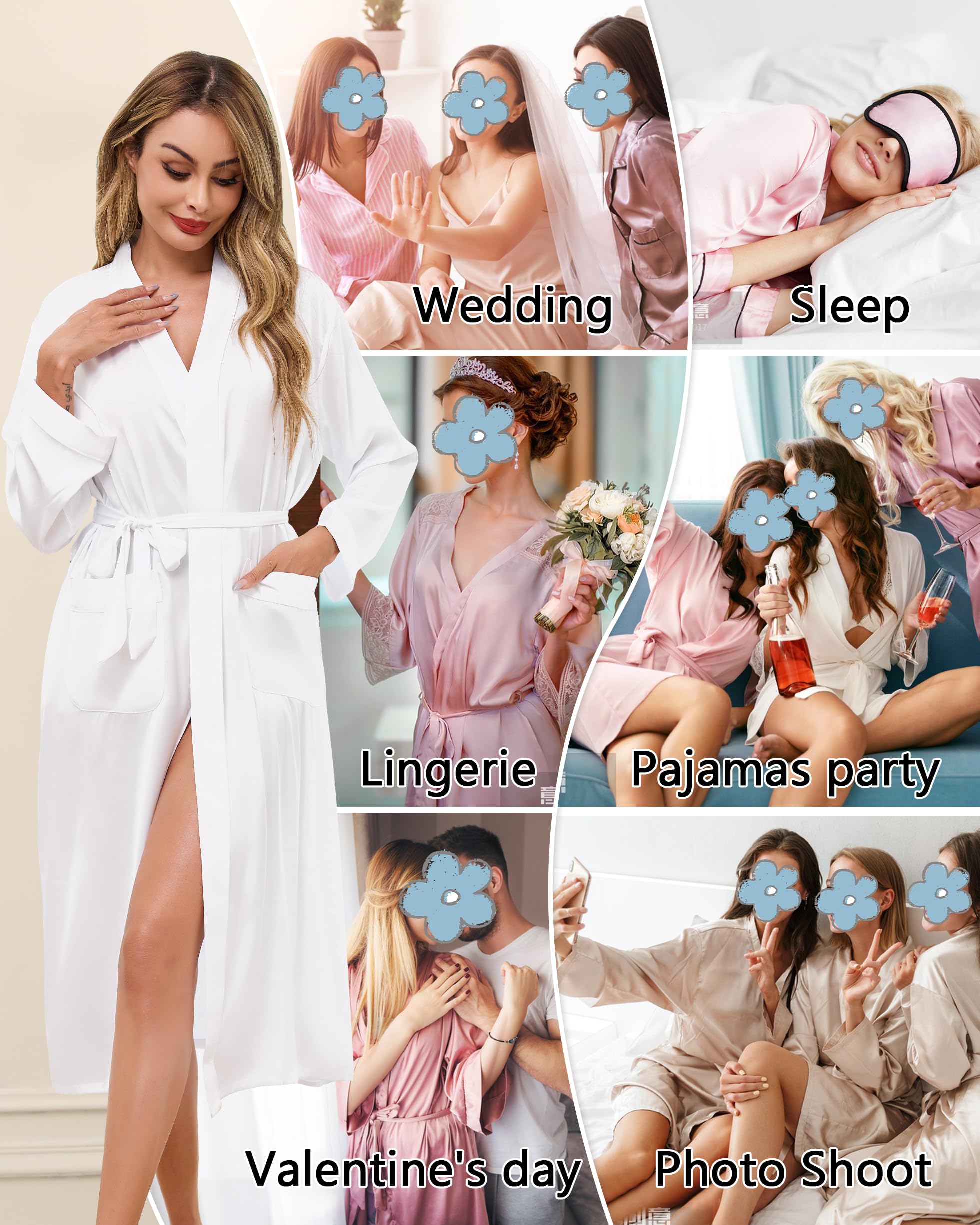 Sopesil Peignoir de Bain Femme Satin Longue Robe de Bain Peignoir de Mariée Kimono Femme avec Poches Confortable pour Maison Toutes Saisons Tailles S-XXL