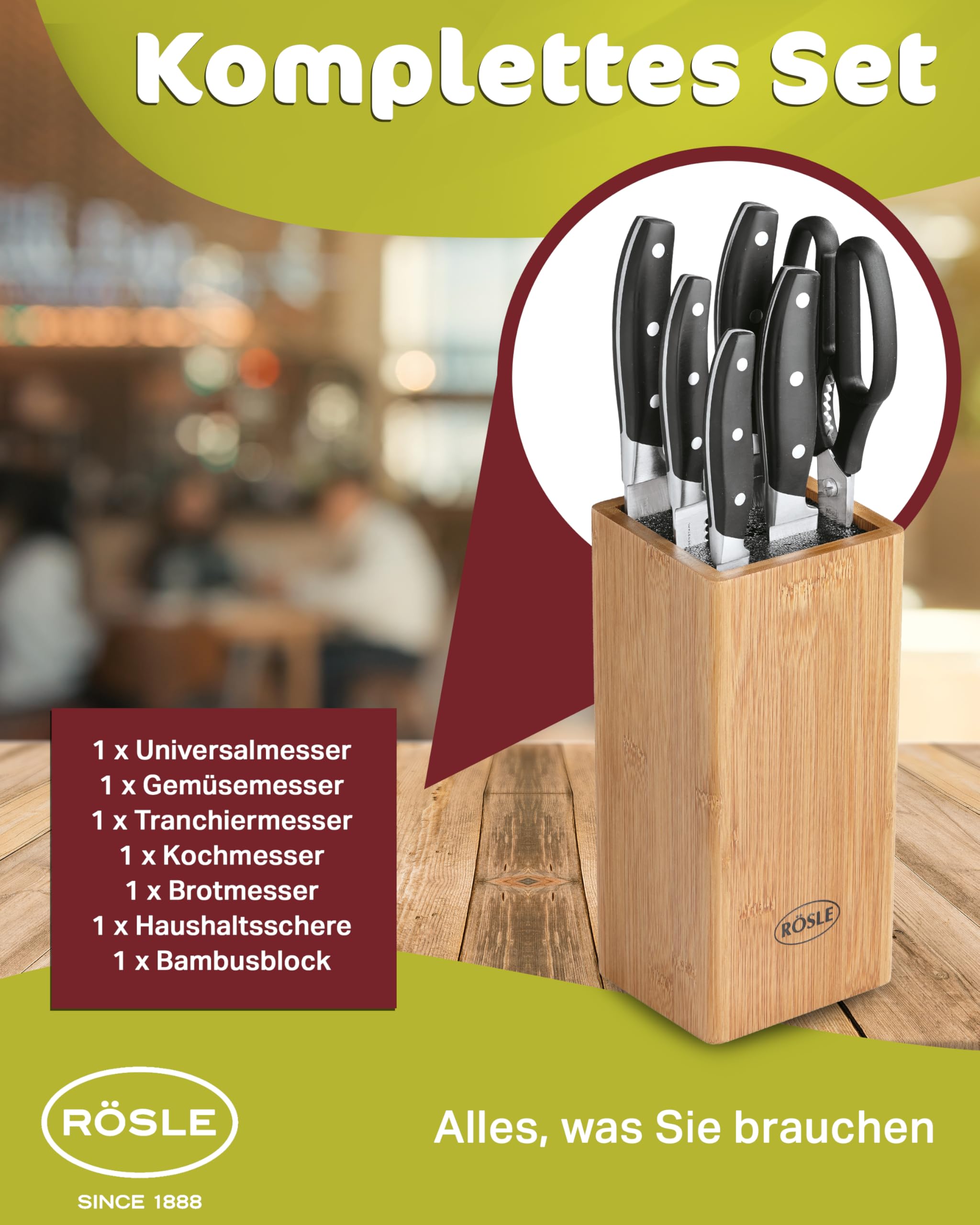 RÖSLE CUISINE Bürsten Messerblock, 7-tlg. Set: Bambusholzblock mit 5 scharfen Küchenmessern und einer Küchenschere, Klingenspezialstahl, Fingerschutz, scharfes Messerset für alle Schneidearbeiten