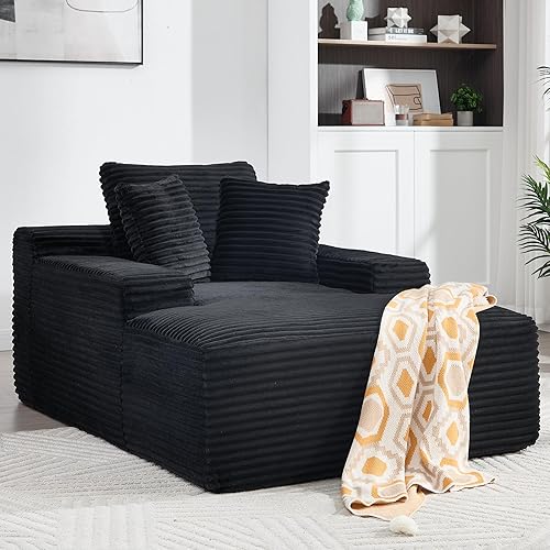 67" Oversized Chaise Lounge Chair, Modern Corduroy Cloud Couch with 3 Pillows, Deep Seat Boneless Sofa for Living Room, Reading Nap Chair, No Assembly Required, Machine Washable Cover (Black)