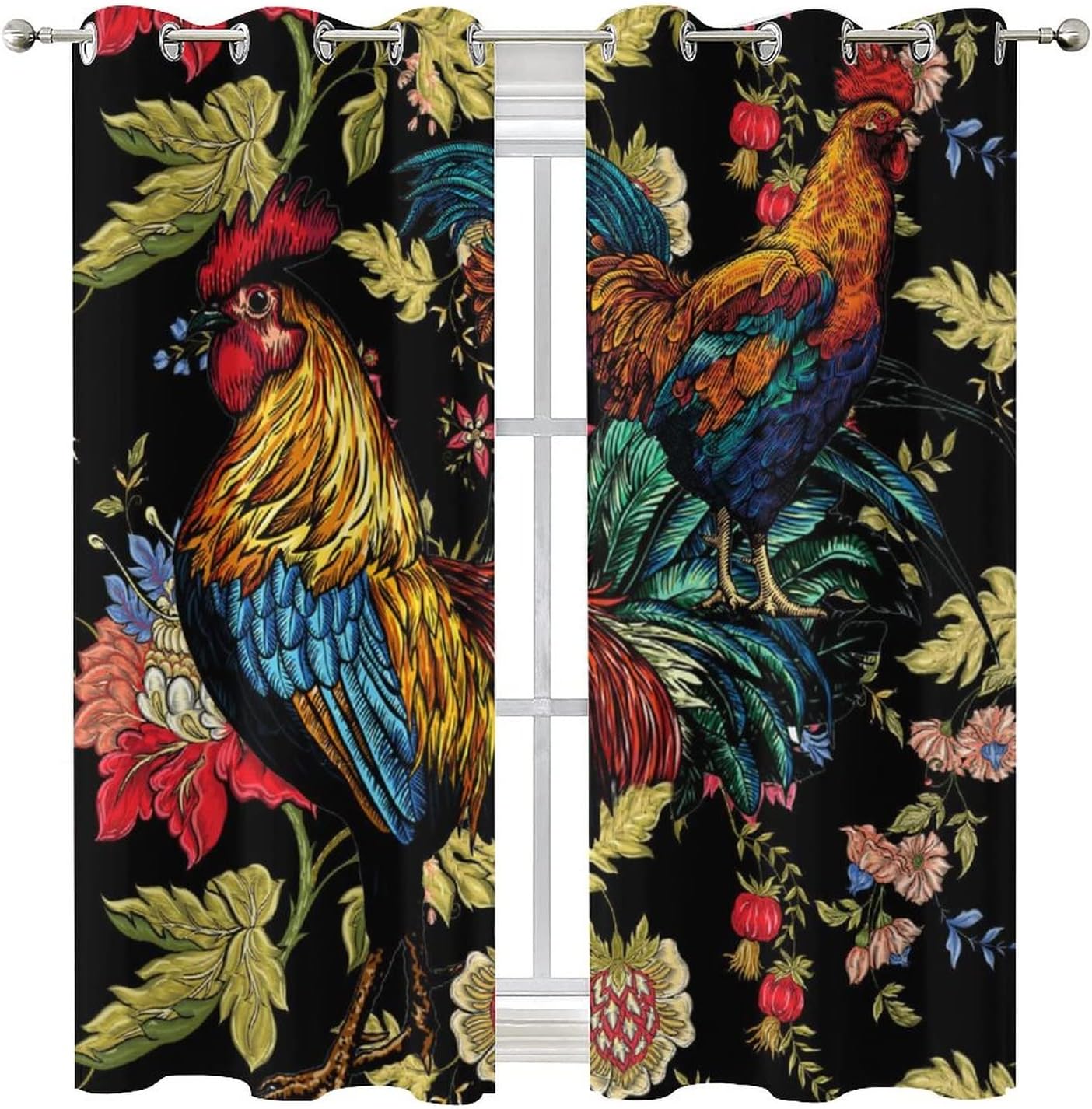 Abstract Farmhouse Rooster Curtains,Cute Animal Rustic Chicken Flowers Window Curtains Thermal Insulated Grommet Blackout Curtains for Bedroom 2 Panels 63L x 21W