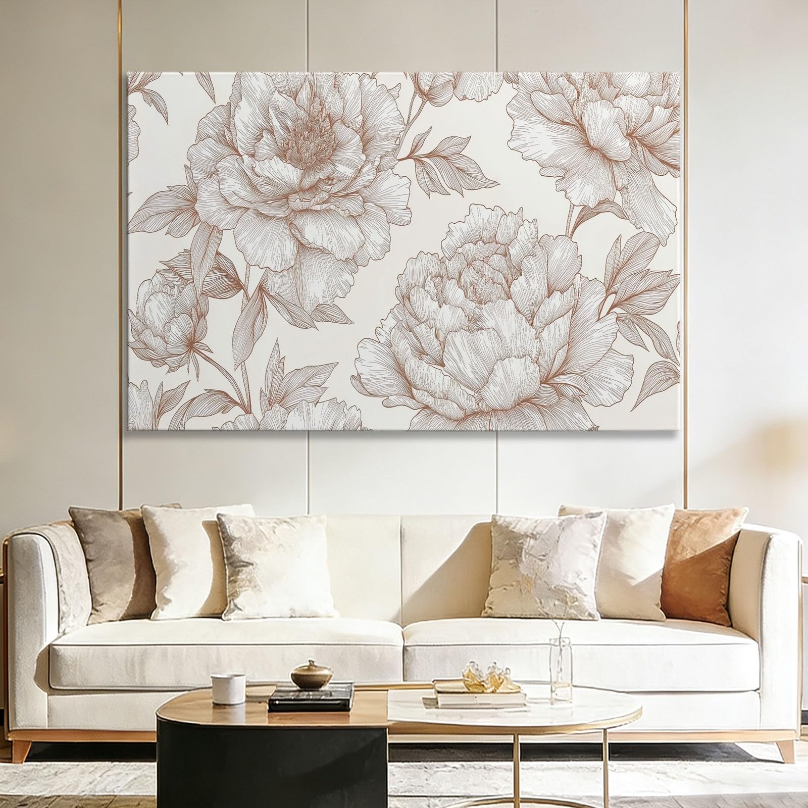 Generisch Handgezeichnet Blumen Pfingstrose Modernes Leinwandbild 120L x 60B cm mit Rahmen, Vintage XXL Wanddeko für Wohnzimmer Geschenk Idee Einzug - Hochwertiger Kunstdruck auf Holzrahmen