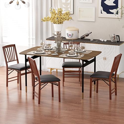 Miniatura 2 de DORTALA Juego de 4 sillas de comedor plegables, sillas de cocina tapizadas de madera con cojín de asiento acolchado de PVC, marco de madera de goma,