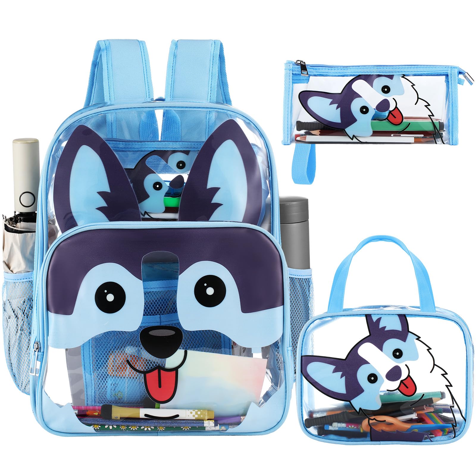 Kacctyen 3 Pcs Clear Backpack Heavy Duty Clear Stadium Bag Transparent Backpack with Lunch Bag(Blue,Dog)