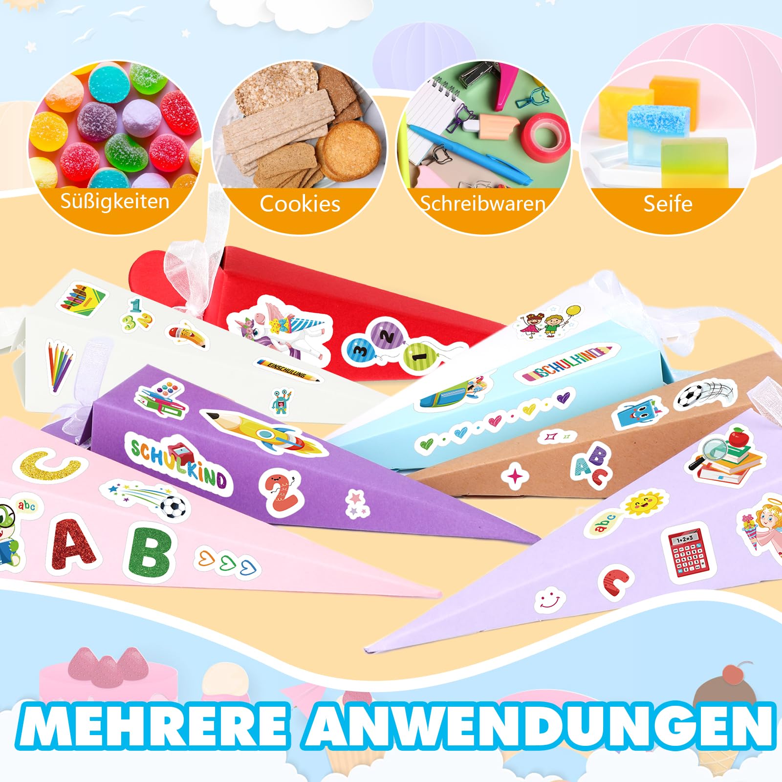 5 Coni Scolastici Colorati - Con Adesivi, Per Inizio Scuola, Decorazioni Regalo, Feste Bambini - Foto 8