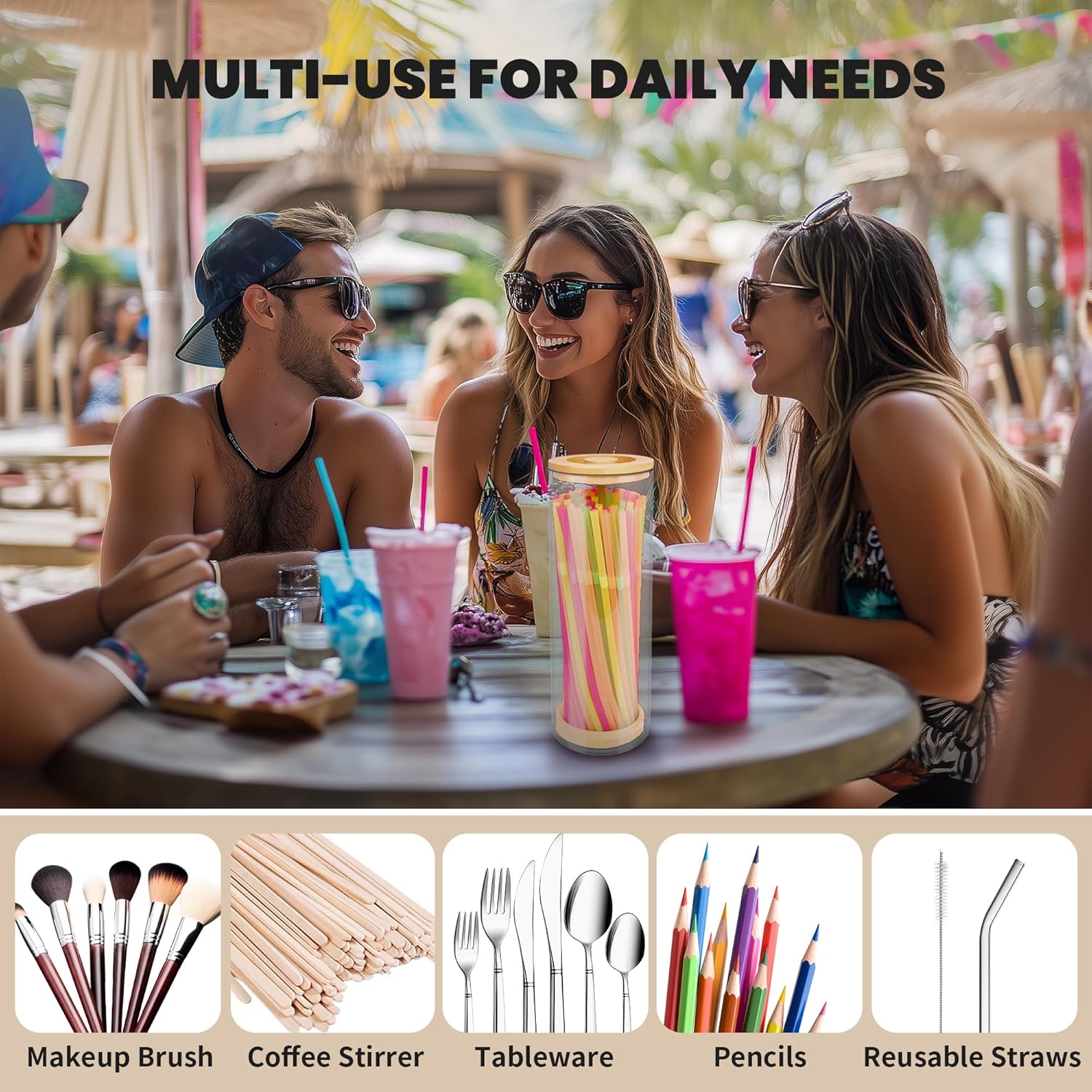 Straws Holder Dispenser for Counter, 10-Inch Drinking Straw Dispenser,Acrylic Straw Organizer with Bamboo Lid,Includes 100 Straws,Transparent Straw Storage Container for Kitchen,Pencils and Silverware - Image 6