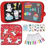 Qrytoi Erasable Book Doodle Set for Kids,Reusable Magic Drawing Book for Kids with 12 Watercolor Pens 14 Page Drawing,Road Trip Car Game Writing Painting Set for Boys and Girls(Red Unicorn)