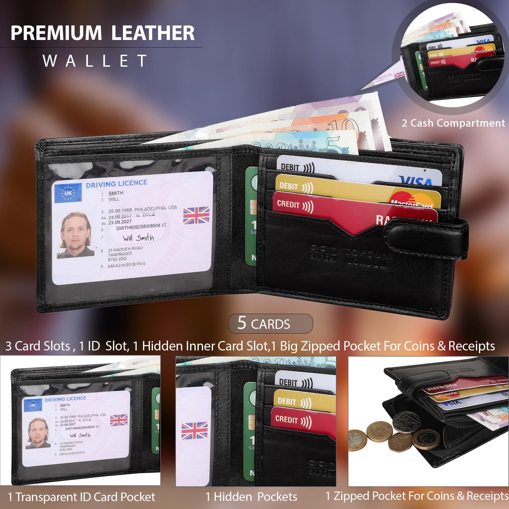 TOPSUM LONDON Men's RFID Blocking Billfold Leather Wallet With Large Zip Coin Pocket On The Side 4011