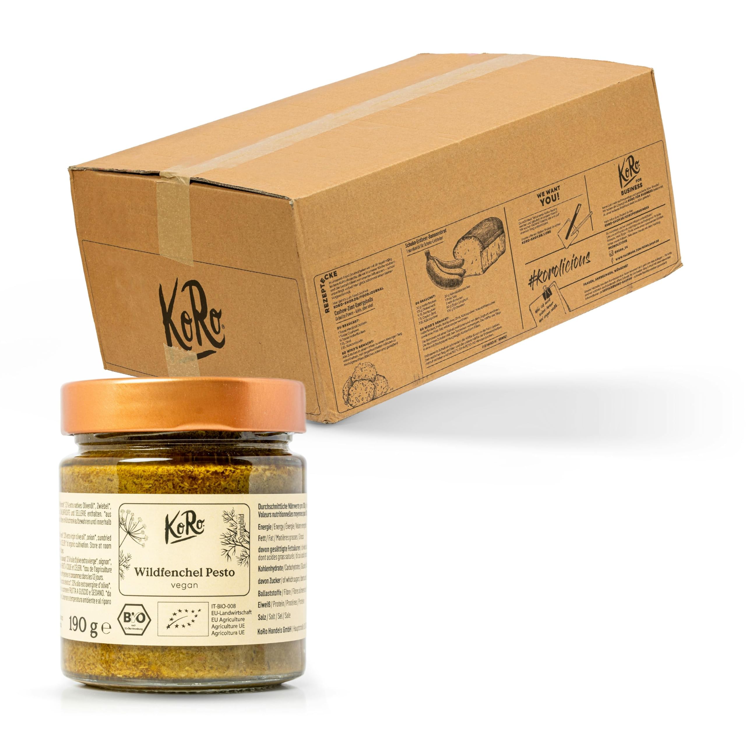 KoRo – Pesto bio au fenouil sauvage 6 x 190 g – Fabriqué en Sicile – Affiné avec des raisins secs et des tomates séchées – Vegan