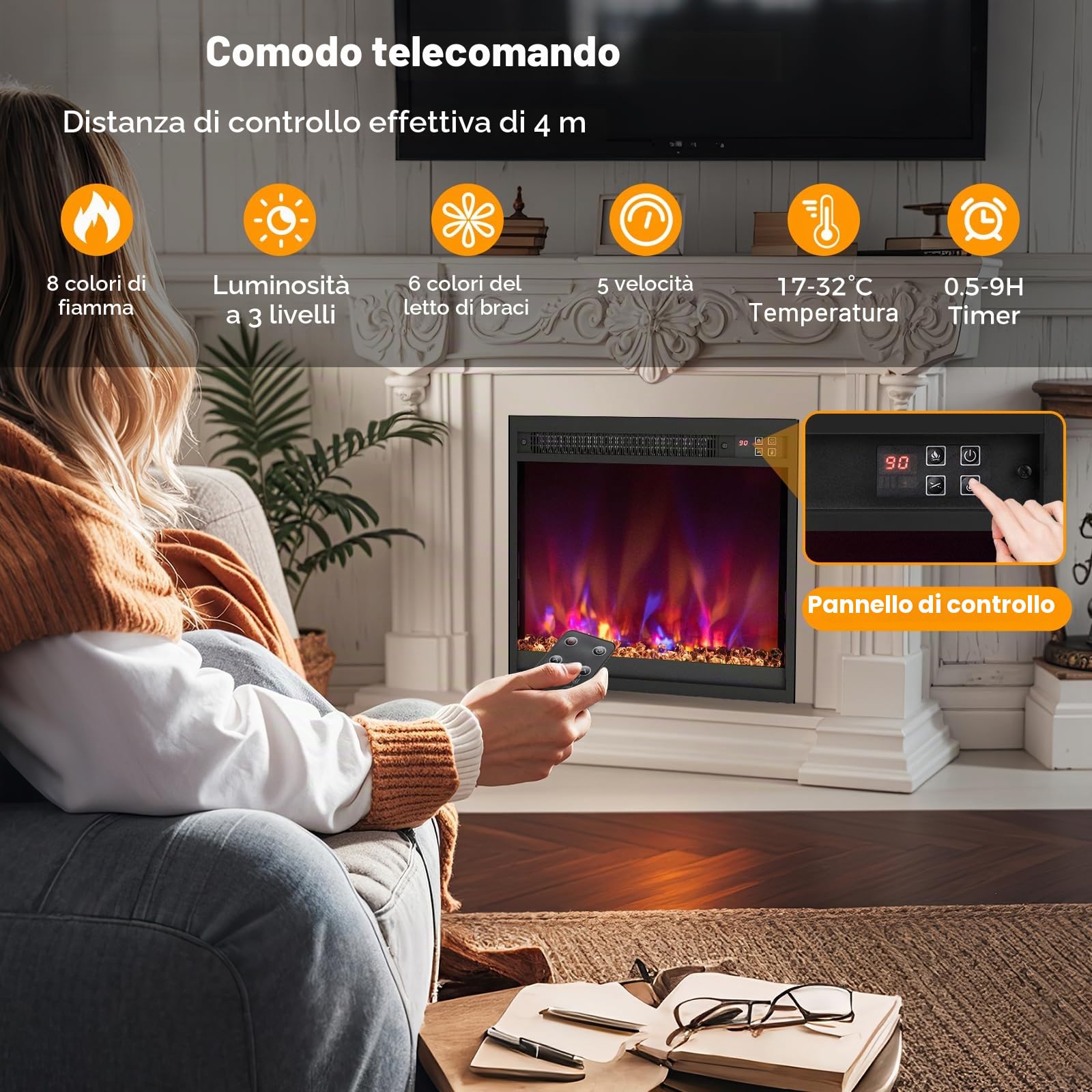 SOARS Camino Elettrico 1500W, Caminetto Elettrico con Effetto Fiamma LED a 8 Colori, 3 Livelli di Luminosità,17-32℃, Protezione Anti Surriscaldamento, Telecomando (49,1 X 12,3 X 45 CM)