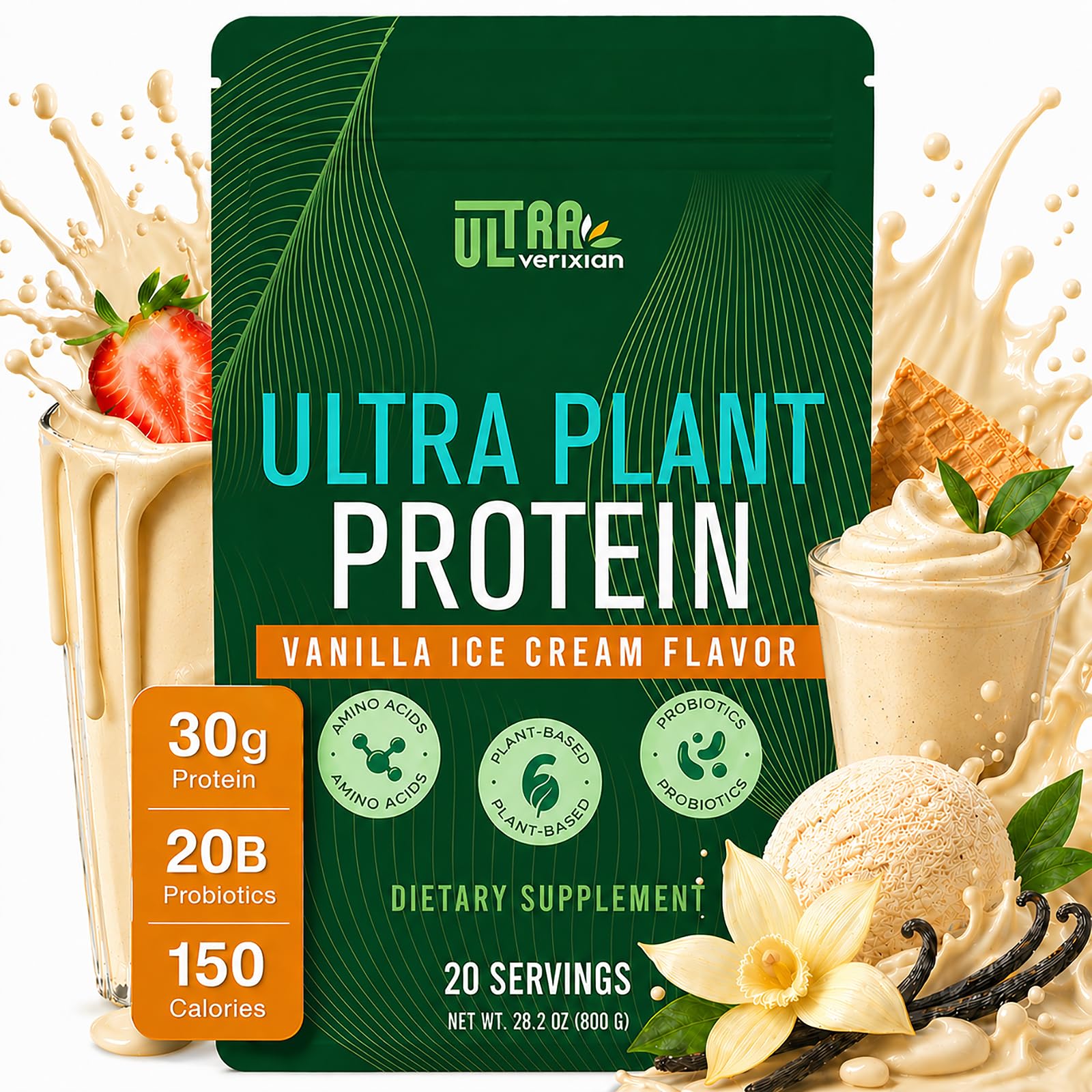 30g Organic Vegan Protein Powder, Plant-Based Protein Powder, Meal Replacement, 20 Billion Probiotics, 0g Sugar, Energy, Focus, Recovery, Dairy-Free, Easy Digestion, Vanilla, 20 Servings 1.76 Pound (Pack of 1)