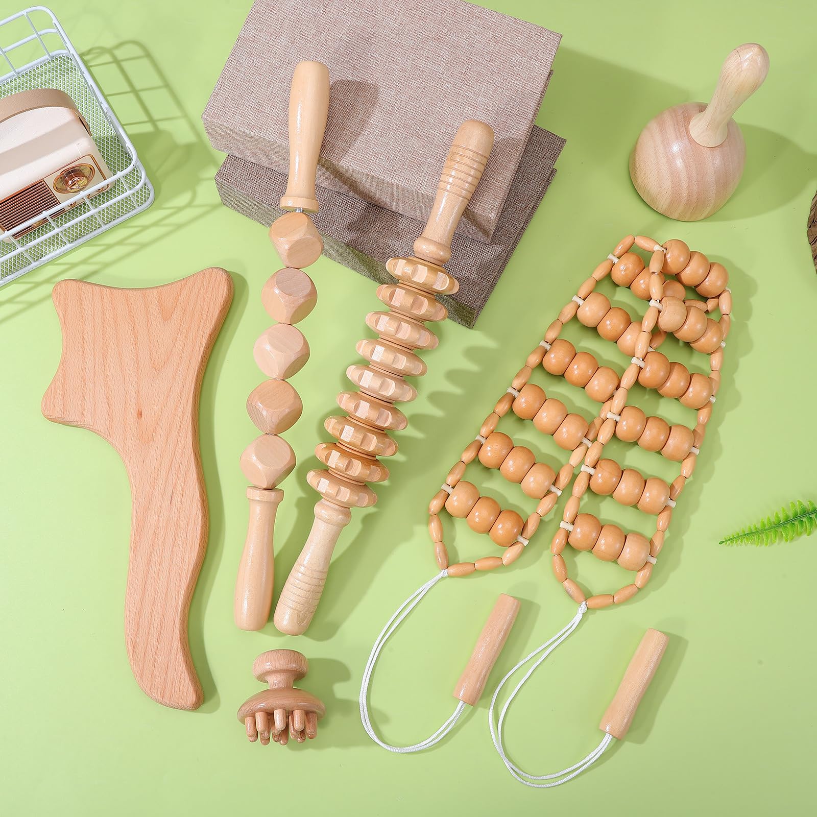 GANAZONO 6 Piezas Kit de Herramientas de Masaje de Madera Terapéuticas Rodillos y Cubos para Masaje Muscular y Linfático Relajación Corporal para Espalda y Cuello Uso Versátil para Hombre y