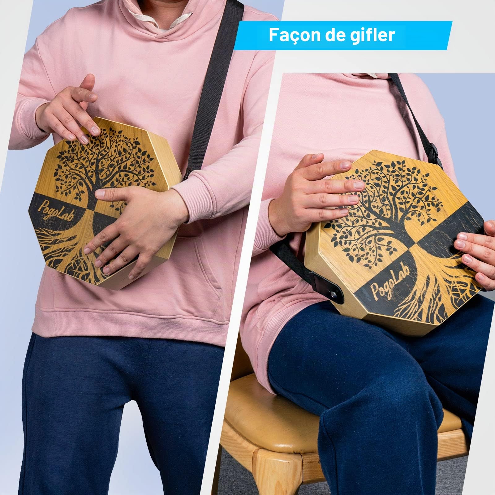 POGOLAB Caisse à deux tons, tambour en bois portable de voyage avec sangle réglable, facile à transporter, aspect unique, beau instrument de percussion (marron naturel)