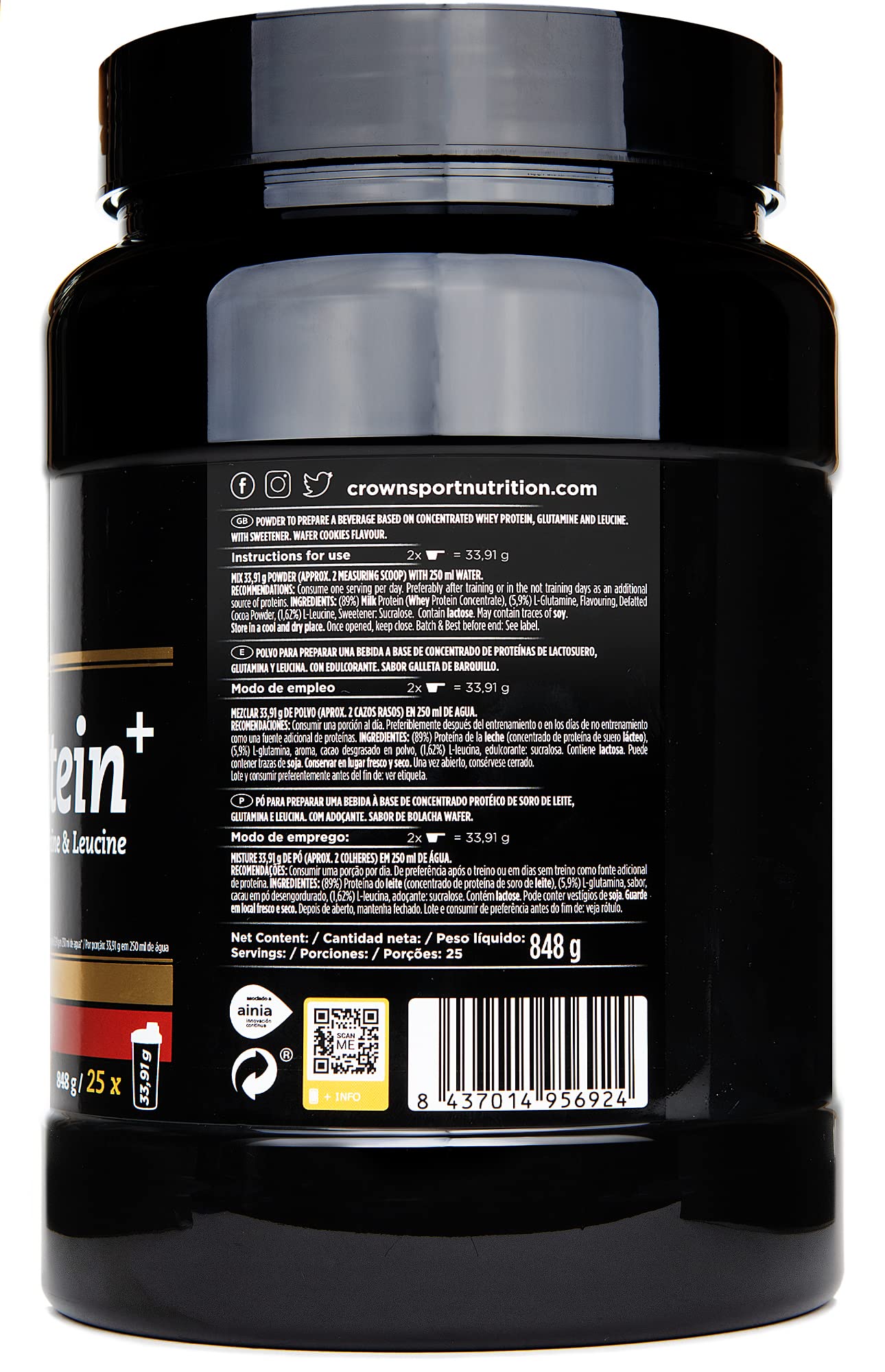 Crown Sport Nutrition Whey PROtein+ | Proteína de Suero de Leche (WPC) con 25 g de proteína + 3 g de Leucina y Glutamina | Alta solubilidad, sabor premium | Certificado antidoping Informed-Sport