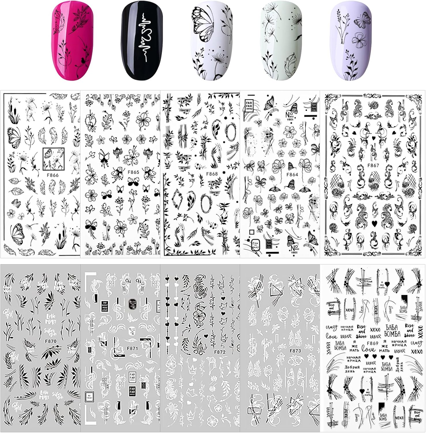 10 vellen nagelstickers bloemen nagelstickers zelfklevend Black White Blossom Nail Art Stickers decoratie nageldesign accessoires voor doe-het-zelf nageldecoratie
