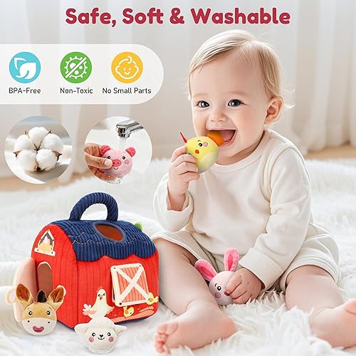 Miniatura 5 de Juguetes para bebés de 6 a 12 meses, juguetes de granja de animales de peluche con sonajero y espejo, juguetes Montessori para niños y niñas de 1