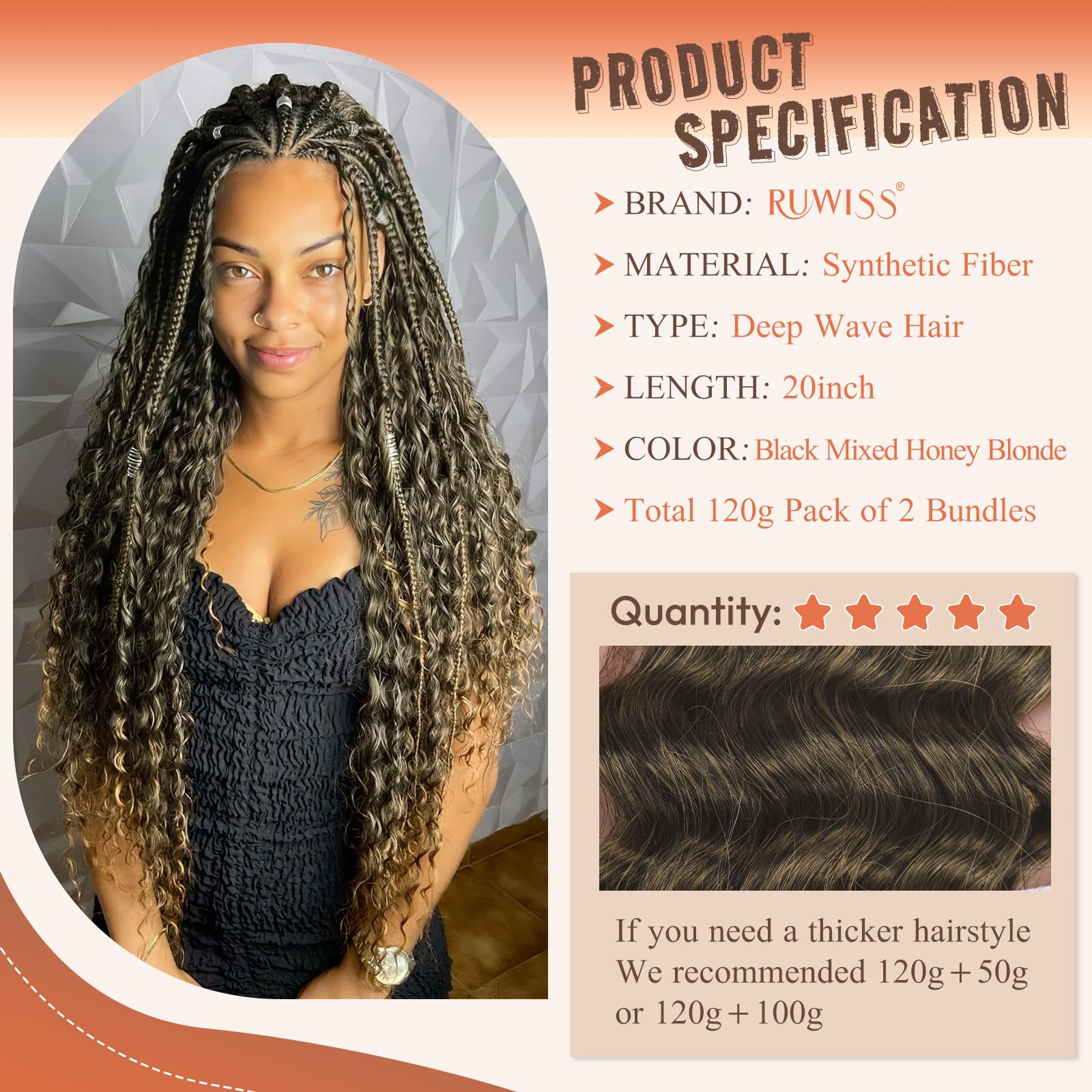 RUWISS 20 Inch Deep Wave Braiding Crochet Hair Extensions for Boho Braids Synthetic Curly Hair Extension for Black Women 2 Bundles/Pack (120g - Image 2