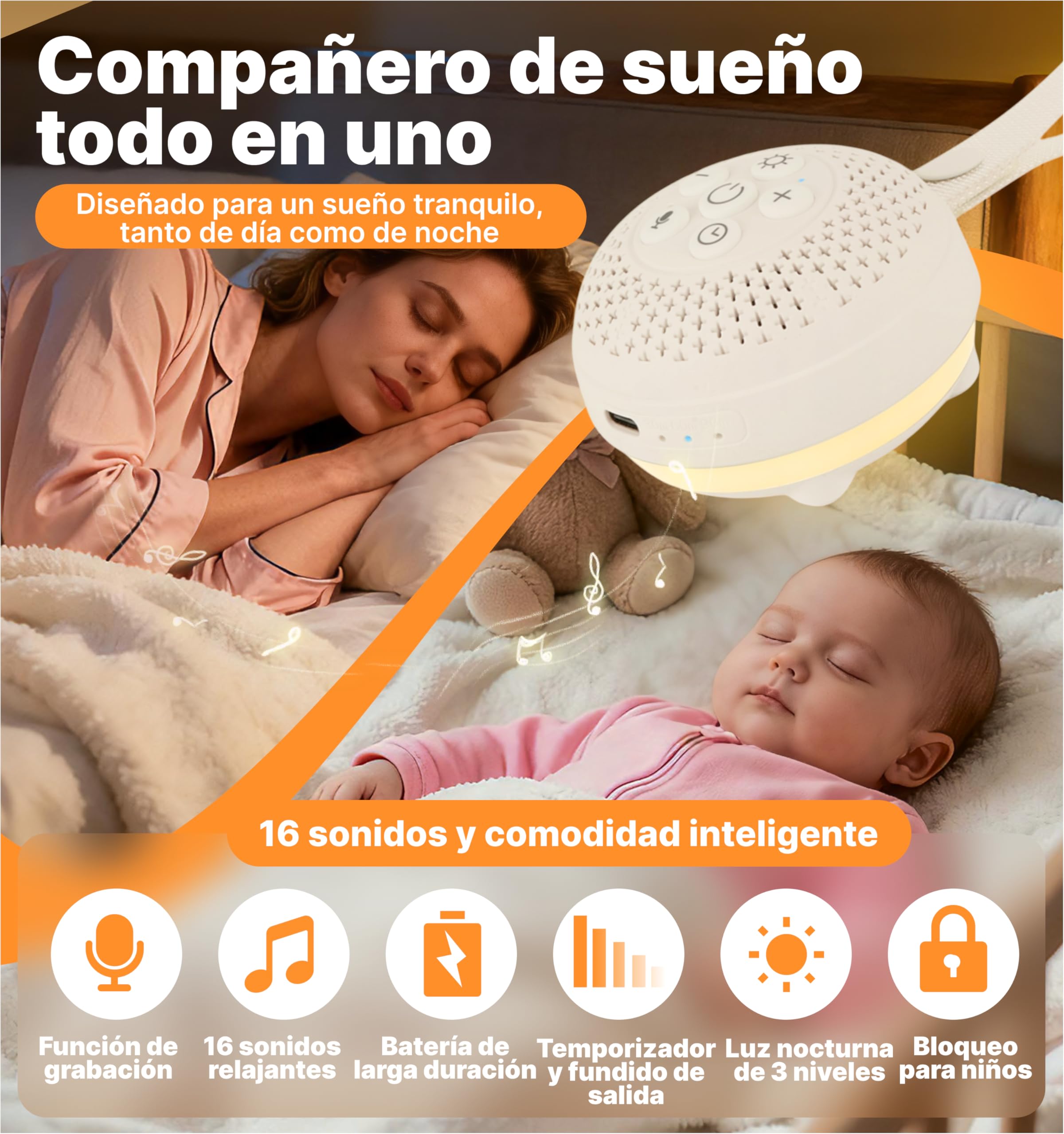 Hmusic Máquina Ruido Blanco, Sueño Bebé, Luz Noche, Temp 60H | Máquina Sonido Portátil Adultos, Batería 20-60H, Temporizador, Luz 3-Brillos, Guardería, Viaje