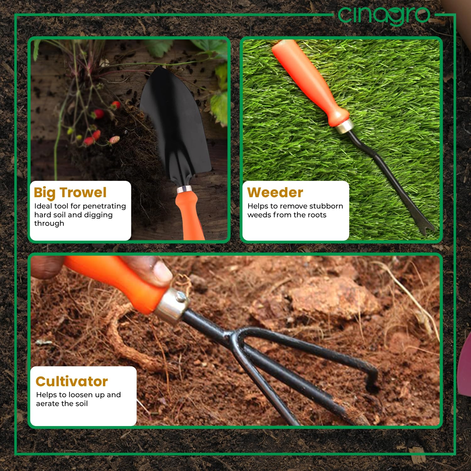 Cinagro Garden Tools Kit Set of 8, Weeder, 2 Trowels, Hand Fork, Cultivator 3