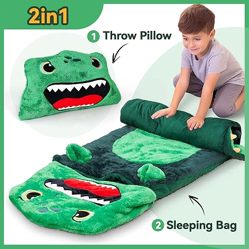 Miniatura 4 de iPlay, iLearn Saco de dormir de dinosaurio para niños, tapete para siesta de niño pequeño, saco de dormir de felpa, almohada 2 en 1 para guardería,