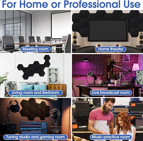 Miniatura 6 de Paquete de 36 paneles acústicos hexagonales, paneles de pared insonorizados de 14 x 12 x 0.4 pulgadas, paneles de pared insonorizados de alta