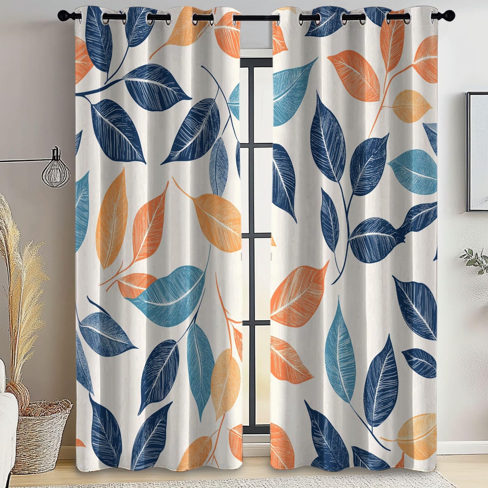 Blackout Curtains Bedroom Cartoon Hand-Painted Style Leaf Pattern, Geo-Thermal Insulated Energy Efficiency Window Treatment Sets Grommet Drapes for Kids Room 52