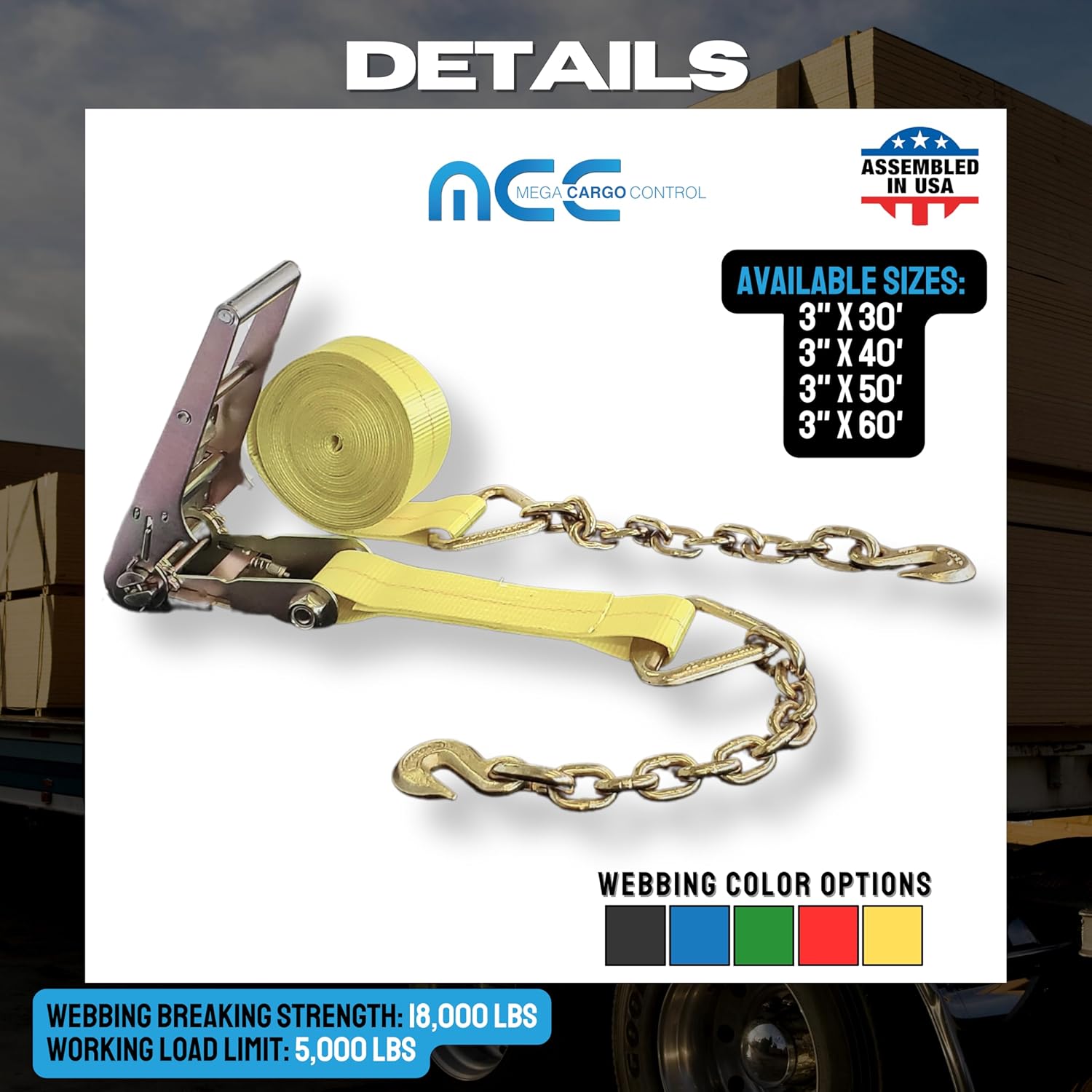 Mega Cargo Control 2 Pack, 3" x 30' Chain Anchor Straps with Grab Hooks, Ratchet Buckle Tie Downs for Heavy Duty Securment, Flatbeds, Trailers (Yellow) - Image 7