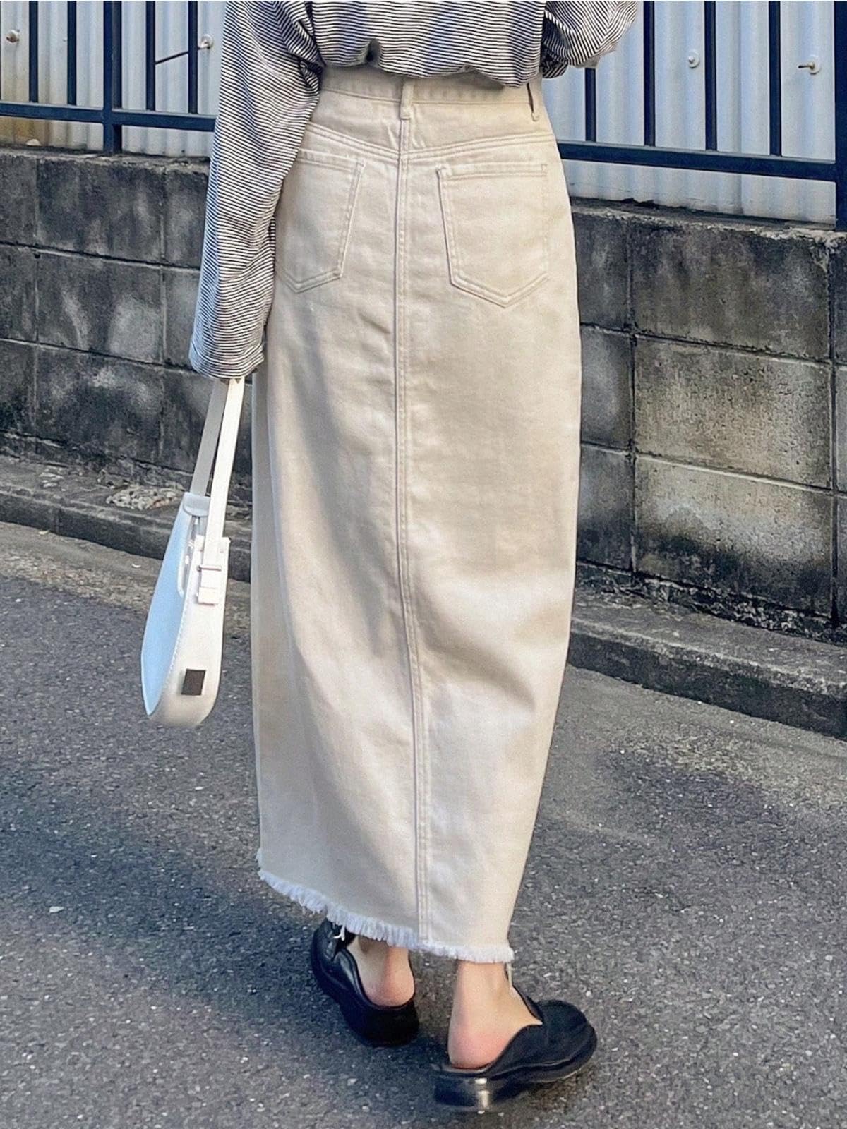 GRECIILOOKS Gonna in jeans bianca da donna a vita alta con apertura frontale, gonna lunga in jeans casual, gonna in jeans elegante da donna