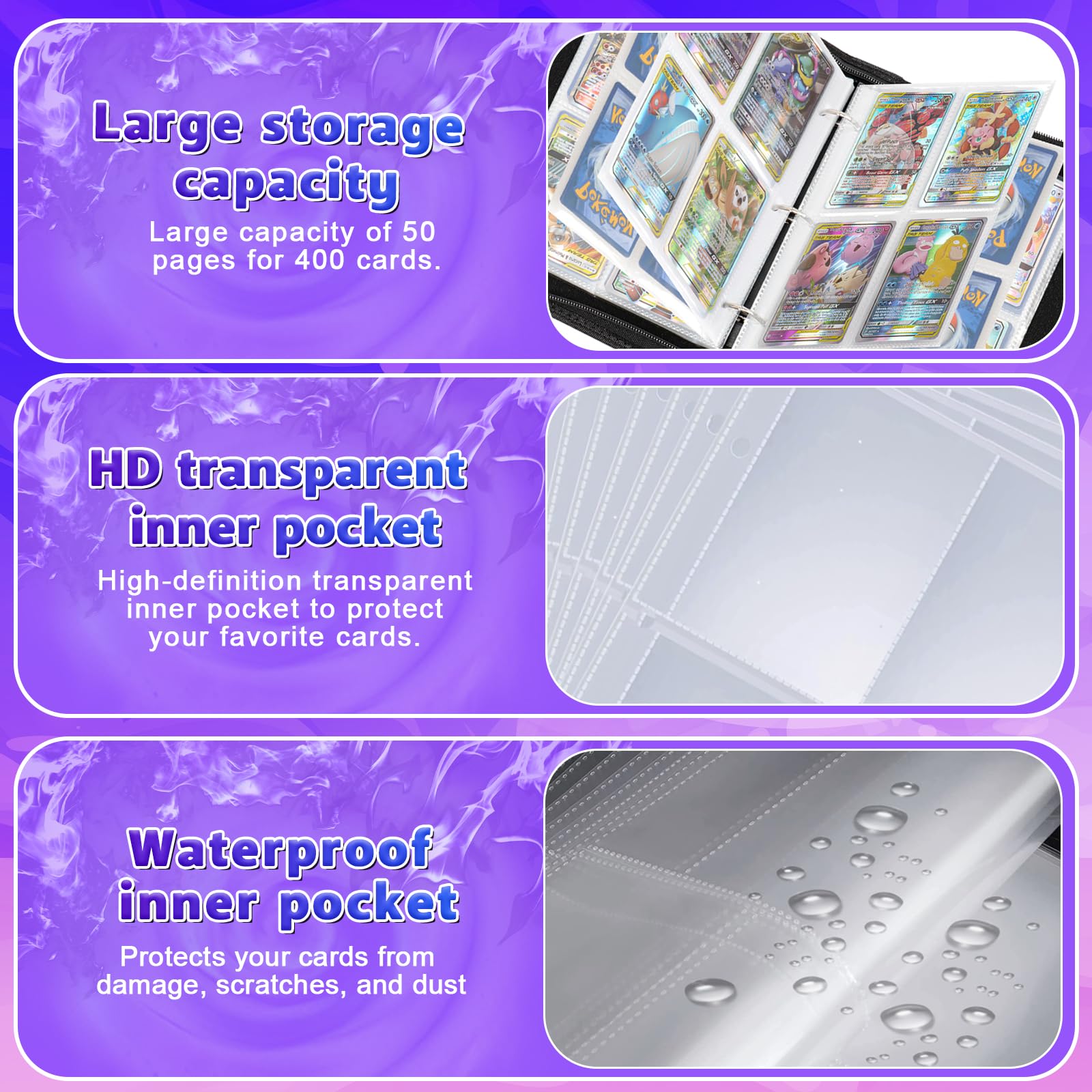 Card Binder 4 Pocket 50 Pages 400 Pockets Trading Card Binder,Portable Waterproof PU Card Binder Folder,Collectible Card Album This is the perfect for boys and girls - Image 4