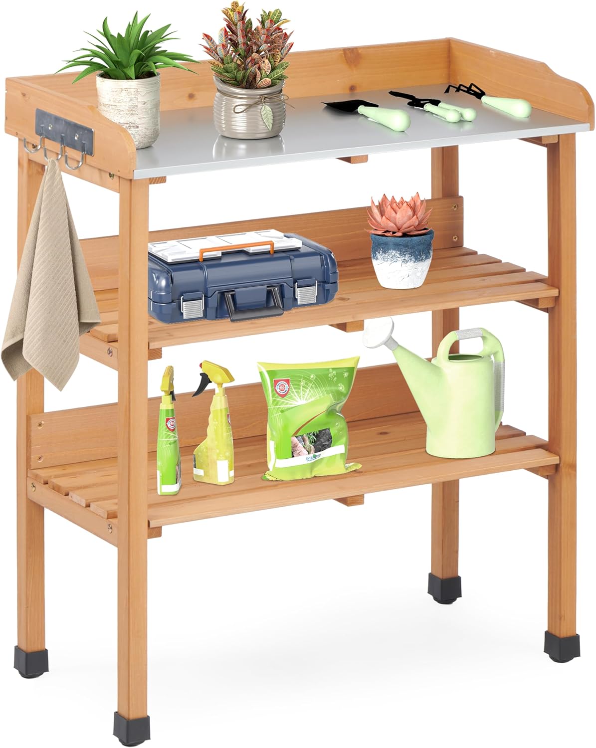 Outdoor Wooden Potting Bench Table, Garden Wood Workstation Planting Table with Metal Top, Storage Shelf, and 3 Hooks for Gardening, Light Brown